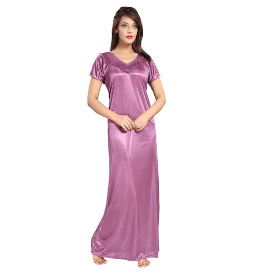 "Comfy" Purple Satin Half Sleeves Full Length Nighty