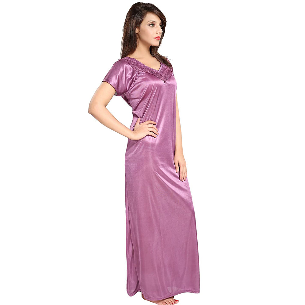 "Comfy" Purple Satin Half Sleeves Full Length Nighty