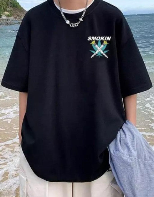 Printed Round Neck Cotton Blend Black T-Shirt