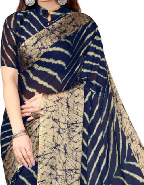 Printed, Striped Leheria Chiffon, Georgette Saree (Dark Blue)