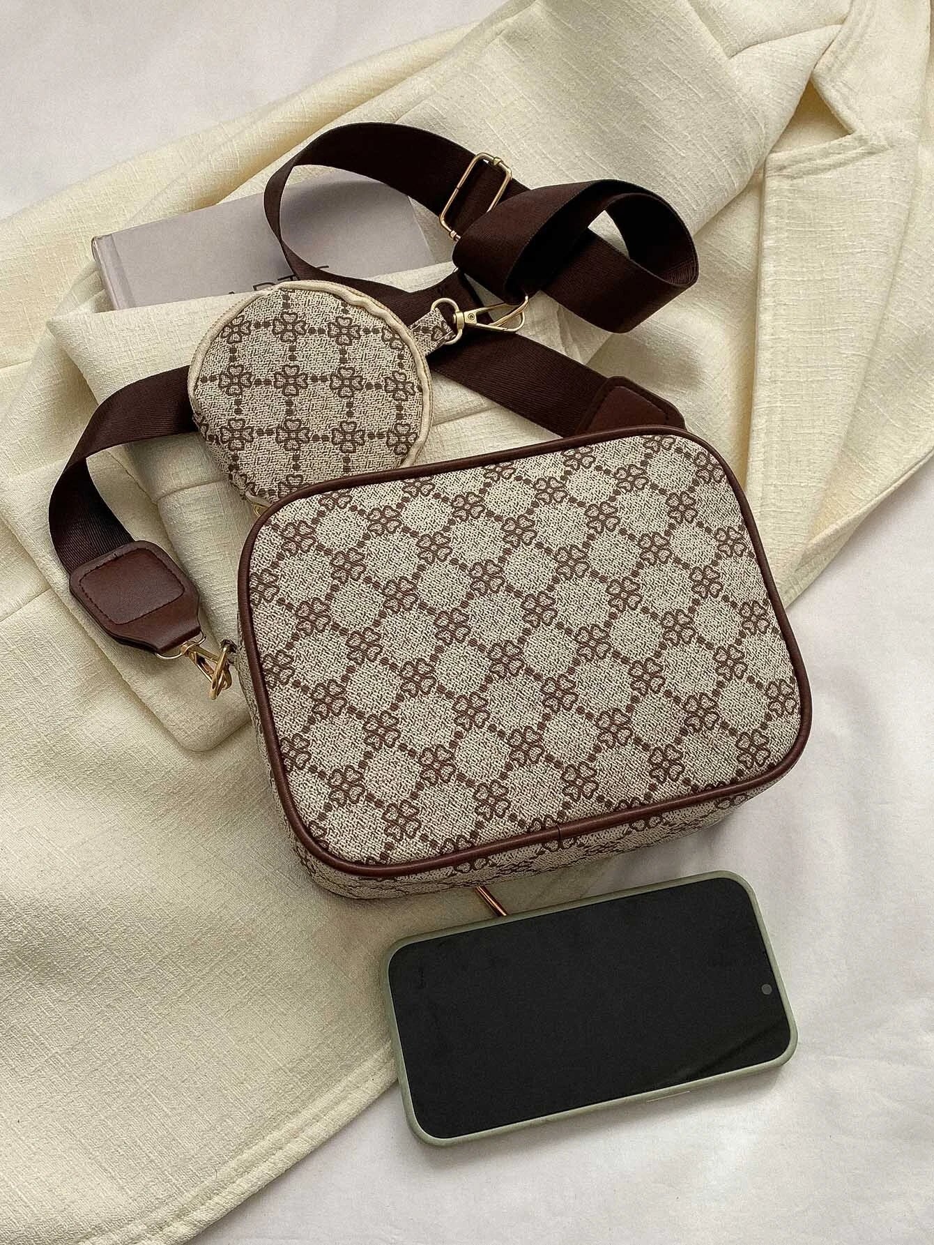 Mini Geometric Pattern Square Bag with Coin Purse , Women Bag with Dime Bag