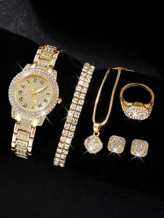 6Pcs/Set Ladies' Rhinestone Quartz Watch Set as a Gift for Students Returning to School