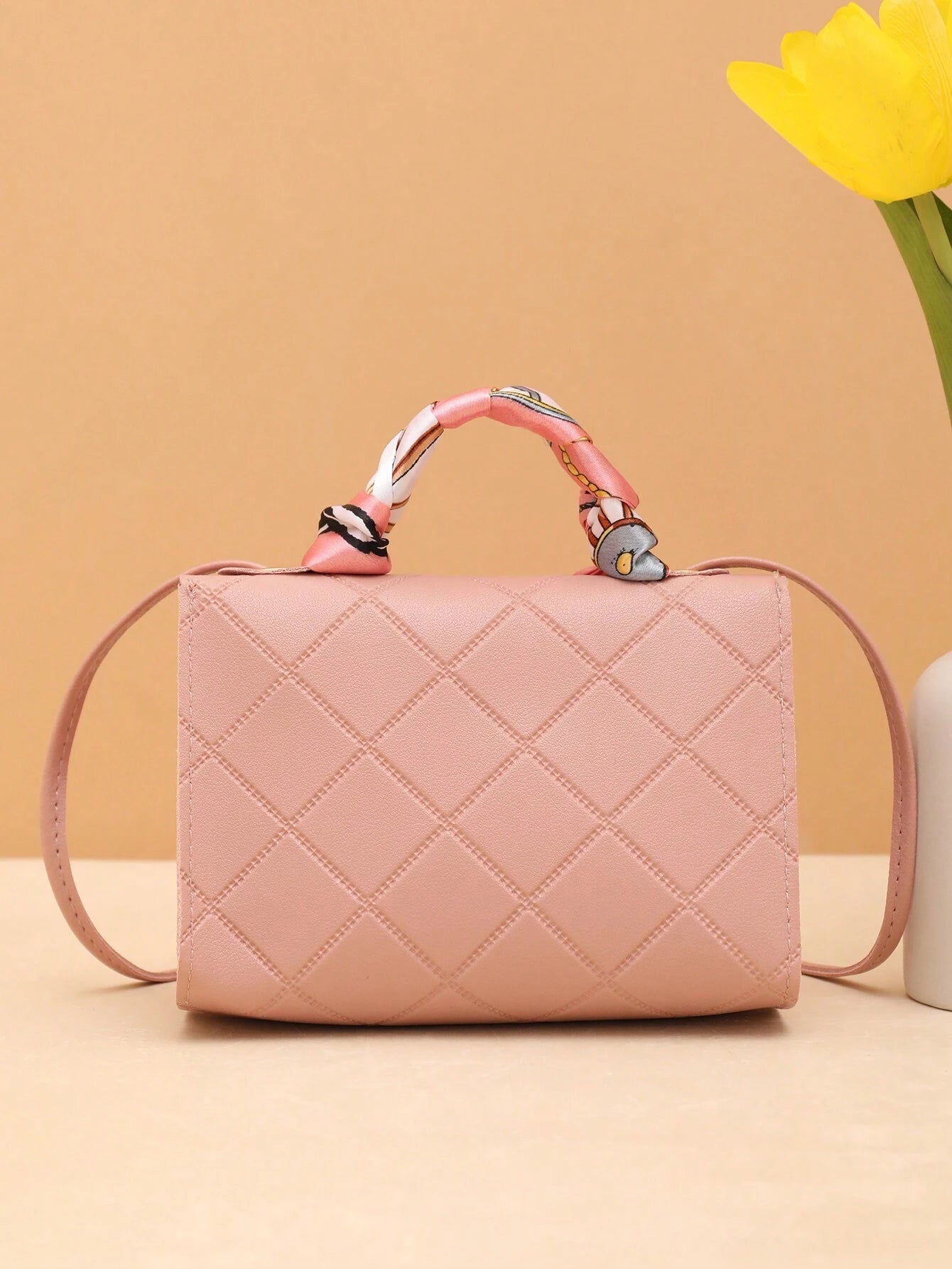 Bow Decor, Silk Scarf Decorated Small Square Bag for Daily Shopping