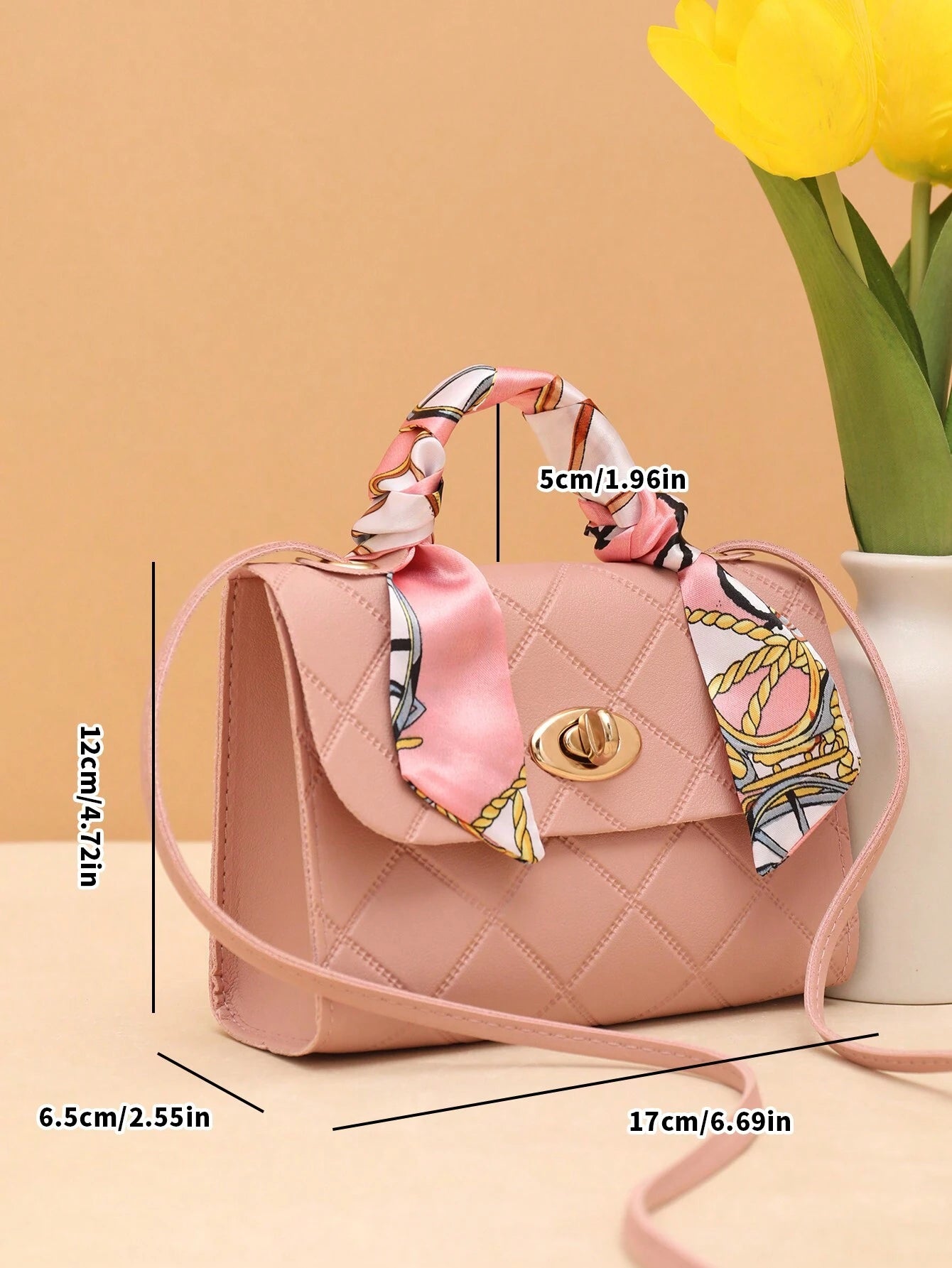 Bow Decor, Silk Scarf Decorated Small Square Bag for Daily Shopping