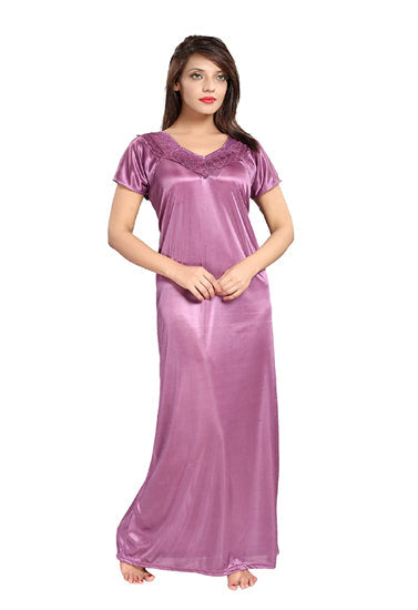 "Comfy" Purple Satin Half Sleeves Full Length Nighty
