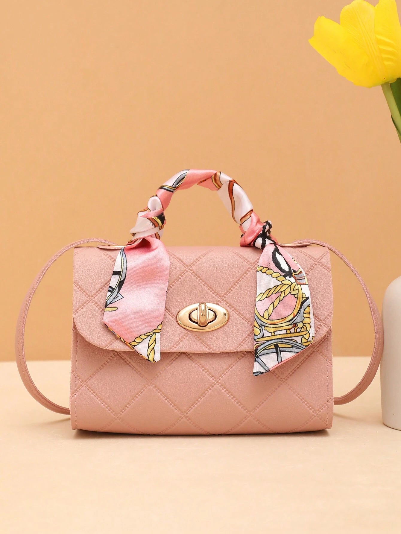 Bow Decor, Silk Scarf Decorated Small Square Bag for Daily Shopping