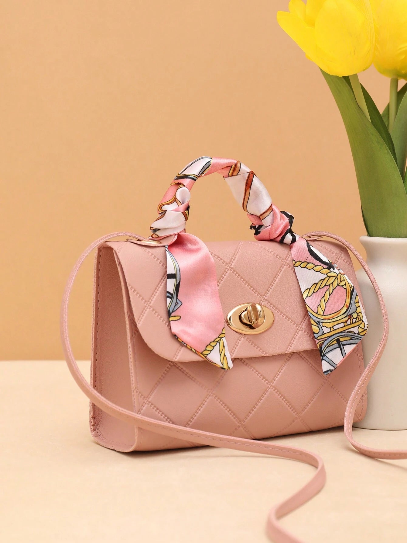 Bow Decor, Silk Scarf Decorated Small Square Bag for Daily Shopping
