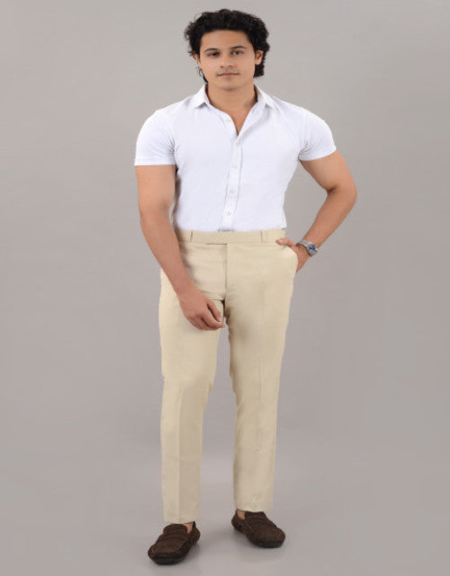 VILLAIN Cream Stretchable Formal Pant with Expandable Waist for Men (SIZE - 30,32,34,36)